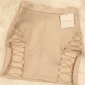 meshki dina suede lace-up skirt nude